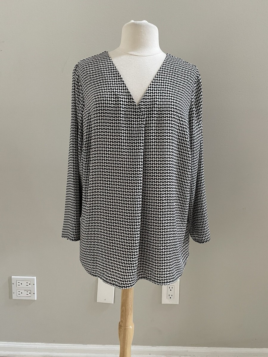Talbots Woman Petites Black White V-Neck Tunic Blouse Top Pullover